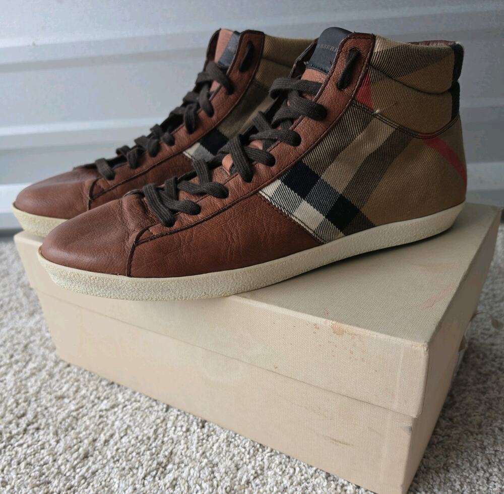 Burberry Brown Leather & Canvas Plaid High Top Sneakers, Size 10, 43 EU